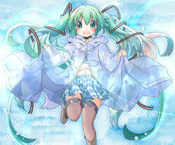  commentary_request female green_eyes green_hair hair_ribbon hatsune_miku long_hair navel open_mouth raincoat ribbon skirt solo soutsuki_naru thighhighs twintails very_long_hair vocaloid 