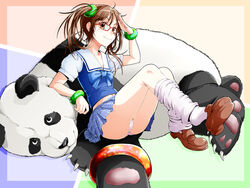  absurdres bespectacled bracelet brown_eyes brown_hair commentary_request female flat_chest glasses highres jewelry kyo9999 ling_xiaoyu loose_socks miniskirt panda panda_(tekken) panties pantyshot plaid plaid_skirt red-framed_eyewear salute school_uniform serafuku shoe_dangle sitting skirt smile socks tekken twintails underwear 