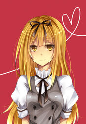  1boy akiduki_kozue bad_id bad_pixiv_id blonde_hair crossdressing hair_ribbon highres kiriki_liszt long_hair male_focus ookami-san otoko_no_ko ribbon school_uniform smile solo yellow_eyes 