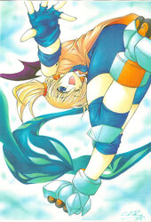  arcana_heart bat_wings bike_shorts blonde_hair blue_eyes clr commentary_request demon_girl demon_wings earrings female fingerless_gloves gloves inline_skates jewelry knee_pads lilica_felchenerow marker_(medium) oerba_yun_fang one_eye_closed photoshop_(medium) pointy_ears roller_skates signature skates solo tempestas traditional_media twintails wings 