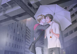  2boys bag black_hair black_pants blonde_hair building city closed_mouth commentary couple cowboy_shot face-to-face from_below gotou_hidenori grey_pants hand_on_another&#039;s_back hand_on_another&#039;s_shoulder hazama_masayoshi hikarinashi holding holding_umbrella hood hood_down hoodie imminent_kiss looking_at_another male_focus multiple_boys night one_eye_closed outdoors outstretched_arm overpass pants parted_lips polo_shirt rain samurai_flamenco shared_umbrella shirt short_sleeves shoulder_bag stuffed_animal stuffed_octopus stuffed_toy umbrella white_shirt yaoi 