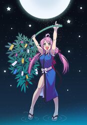  :d ahoge armpits arms_up bamboo blush breasts commentary_request demon_tail ebi_no_hito female full_moon green_eyes hair_ornament holding lala_satalin_deviluke large_breasts long_hair looking_at_viewer moon night night_sky open_mouth pink_hair ripples sky smile solo standing standing_on_liquid star_(sky) star_(symbol) starry_sky tail tanabata tanzaku to_love-ru 