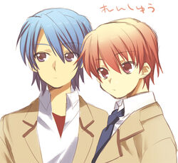  2boys angel_beats! bad_id bad_pixiv_id blue_hair brown_eyes brown_hair hinata_hideki kotarou_(raincoat) male_focus multiple_boys otonashi_yuzuru purple_eyes school_uniform shinda_sekai_sensen_uniform 