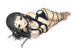  barefoot belt black_hair bondage bondage bound breasts chains collar female hair_ribbon imageboard_desourced leash nail_polish nakabayashi_reimei non-web_source one-piece_swimsuit red_eyes ribbon rope rosario+vampire school_swimsuit solo swimsuit toujou_ruby 