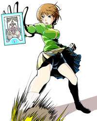  bike_shorts bike_shorts_under_skirt black_shorts breasts brown_eyes brown_hair cameltoe card clenched_hand commentary_request female fighting_stance flat_color highres houndstooth jacket kyo9999 large_breasts persona persona_4 satonaka_chie short_hair shorts simple_background solo standing tarot tarot_(card) track_jacket upskirt wind wind_lift zipper 