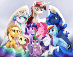  2017 alicorn applejack_(mlp) blonde_hair blue_body blue_feathers blue_hair clothing cowboy_hat crown cutie_mark dragon earth_pony equid equine feathered_wings feathers female feral fluttershy_(mlp) friendship_is_magic green_eyes grey_background group hair hasbro hat headgear headwear horn horse jewelry lauren_faust male mammal mane_six_(mlp) multicolored_hair multicolored_tail my_little_pony mythological_creature mythological_equine mythological_scalie mythology necklace pegasus pink_hair pinkie_pie_(mlp) pony princess_celestia_(mlp) princess_luna_(mlp) purple_eyes purple_hair rainbow_dash_(mlp) rainbow_hair rainbow_tail rarity_(mlp) scalie silfoe simple_background smile spike_(mlp) tail twilight_sparkle_(mlp) two_tone_hair unicorn wings 