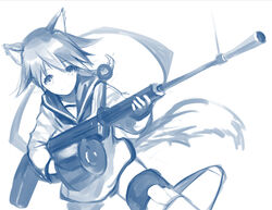  animal_ears blue_theme dog_ears dog_girl dog_tail drum_magazine female gun heavy_machine_gun machine_gun magazine_(weapon) miyafuji_yoshika monochrome school_uniform serafuku shirabi short_hair simple_background smile solo strike_witches striker_unit tail type_99_cannon weapon world_witches_series 