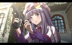  anime_coloring blush capelet commentary_request crescent day female gun handgun hat holding holding_gun holding_weapon letterboxed long_hair outdoors patchouli_knowledge purple_eyes purple_hair smile solo tomon_(slash0410) touhou upper_body very_long_hair walther walther_p99 weapon window 