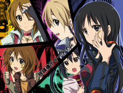  5girls akiyama_mio black_eyes black_hair blonde_hair blue_eyes brown_eyes brown_hair commentary_request facepaint fingerless_gloves gloves goth_fashion hirasawa_yui k-on! kotobuki_tsumugi long_hair multiple_girls nakano_azusa short_hair soraeda tainaka_ritsu 