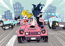  2girls absurdres bad_id bad_pixiv_id blonde_hair blue_eyes blue_hair bow car dress gun hairbow highres hummer hummer_h1 long_hair motor_vehicle multiple_girls panty_&amp;_stocking_with_garterbelt panty_(psg) pantyhose police_car red_dress see-through_(psg) short_dress siblings single_thighhigh sisters smile spark_(sandro) stocking_(psg) striped_clothes striped_pantyhose sword thighhighs vehicle_focus weapon 