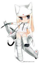  animal_ears bad_id bad_pixiv_id blonde_hair chibi female hat konami_mecha_musume long_hair lowleg lowleg_panties mecha_musume mig-60_(konami_mecha_musume) military no_pants panties pecorin personification propeller simple_background solo star_(symbol) tail underwear watermark web_address white_panties 