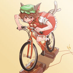  animal_ears artistic_error bicycle brown_hair cat_ears cat_tail chen chihiro_p commentary_request earrings female generator hat jewelry multiple_tails photoshop_(medium) short_hair solo sweat tail touhou 