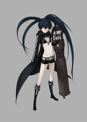  arm_cannon bikini bikini_top_only black_hair black_rock_shooter black_rock_shooter_(character) black_shorts blue_eyes boots coat female gloves long_hair midriff navel no_shirt p_(zzaazz) pale_skin photoshop_(medium) scar shorts solo swimsuit twintails very_long_hair weapon yara_kami_meiosei 