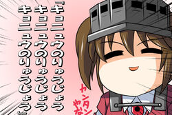  ^_^ brown_hair check_translation closed_eyes commentary_request dress_shirt female kantai_collection long_hair magatama nishi_koutarou open_mouth painttool_sai_(medium) ryuujou_(kancolle) shirt smile solo tongue_twister translation_request twintails upper_body visor_cap 