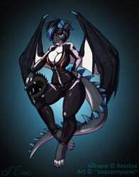  allriane anthro armor breasts cel_shading clothing costume dragon female headgear helmet hi_res horn jackalope_(artist) membrane_(anatomy) membranous_wings mythological_creature mythological_scalie mythology scalie shaded simple_background solo spikes wings 