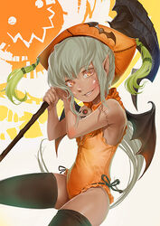  bat_wings black_thighhighs female halloween kichin_yarou leotard lolicon long_hair looking_at_viewer no_lineart orange_eyes orange_leotard original scythe smile solo stitches thighhighs white_hair wings 