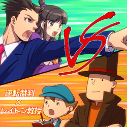  3boys commentary_request crossover female formal gyakuten_saiban hat hershel_layton kayu luke_triton maya_fey multiple_boys naruhodou_ryuuichi necktie objection open_mouth professor_layton professor_layton_vs._phoenix_wright:_ace_attorney suit 