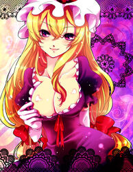  blonde_hair bow breasts chigo cleavage commentary_request doily elbow_gloves eyelashes female gloves hairbow hat large_breasts lips long_hair purple_eyes smile solo touhou very_long_hair white_gloves yakumo_yukari 