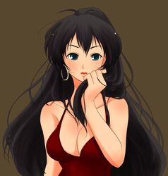  bare_shoulders black_hair blue_eyes breasts cleavage commentary_request dress earrings female ganaha_hibiki highres idolmaster idolmaster_(classic) jewelry large_breasts long_hair maiko_(yoshida308) ponytail red_dress solo 