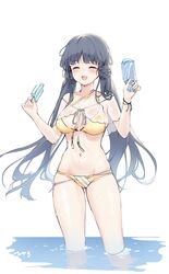  ^_^ ^o^ bikini blunt_bangs blush bracelet breasts breasts_apart capelet closed_eyes collarbone female food groin highres holding holding_food holding_ice_cream ice_cream ice_cream_bar idolmaster idolmaster_million_live! jewelry kitakami_reika medium_breasts melting nys reflection reflective_water refraction see-through see-through_capelet simple_background skindentation solo sweatdrop swimsuit twintails wading yellow_bikini 