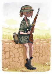  absurdres blonde_hair blue_eyes bolt_action boots breasts canteen cleavage commentary dirty dirty_face english_commentary erica_(naze1940) female gisela_koch grin gun hat highres holding holding_gun holding_weapon looking_at_viewer luftwaffe mauser_98 military original outdoors rifle sitting smile solo stone_wall swastika sweat wall weapon wehrmacht world_war_ii 