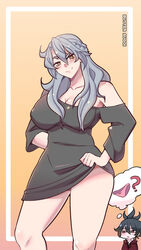  1boy arm_behind_back black_hair braid breasts butter_sugoi cleavage collarbone commentary contrapposto female grey_hair head_tilt highres large_breasts long_hair mole mole_under_eye off-shoulder_shirt off_shoulder original panties pink_panties raised_eyebrow red_eyes shirt shirt_grab spoken_object thought_bubble underwear yellow_eyes 