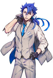  1boy belt belt_buckle black_gloves blue_hair blue_necktie brown_belt buckle buttons collared_shirt commentary_request cowboy_shot crescent crescent_pin cu_chulainn_(fate) cu_chulainn_(fate/prototype) dress_shirt earrings fate/prototype fate_(series) formal gloves hair_ribbon hand_on_own_hip holding holding_clothes holding_jacket jacket jacket_over_shoulder jewelry long_hair long_sleeves looking_at_viewer male_focus necktie nishi_juuji oerba_yun_fang open_mouth pants pendant ponytail red_eyes ribbon shirt simple_background smile solo suit three-piece_suit tie_clip unworn_jacket vest white_background 