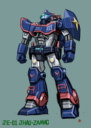  absurdres armor assault_visor beam_saber cable character_name clenched_hands commentary_request highres je-01_jhau_zamac lights machinery mecha megaro_zamac mercy_rabbit no_humans original retro_artstyle robot science_fiction sensor shoulder_armor signature simple_background solo star_(symbol) 