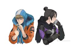  2girls apex_legends black_bodysuit black_hair black_scarf blonde_hair blue_eyes blue_headwear bodysuit breasts bugles_(food) bugles_on_fingers hair_behind_ear hair_bun highres hood hooded_bodysuit hooded_jacket jacket lightning_bolt_symbol looking_down looking_to_the_side medium_breasts multiple_girls renee_shika_egakan scarf single_hair_bun wattson_(apex_legends) white_background wraith_(apex_legends) 