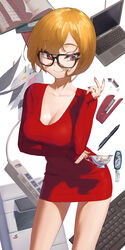  arm_under_breasts black-framed_eyewear black_nails blonde_hair bob_cut book breast_lift breasts brown_eyes cleavage closed_mouth collarbone computer cowboy_shot cup dress female fingernails glasses highres key laptop large_breasts leaning_forward long_fingernails long_sleeves looking_away looking_to_the_side nail_polish office_lady original paper pen pencil_dress photocopier power_strip printer red_dress scoop_neck sekoshi_(some1else45) short_dress short_hair simple_background sleeves_past_wrists smile solo some1else45 staple stapler swept_bangs teacup tight_clothes tight_dress tsurime v white_background 