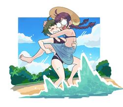  2girls beach bikini bikini_top blue_sky braid danganronpa_(series) danganronpa_another_episode:_ultra_despair_girls fukawa_touko glasses highres hug kiana_mai multiple_girls naegi_komaru one-piece_swimsuit open_mouth sarong short_hair sky smile swimsuit twin_braids water waves 