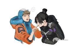  ! !! 2girls apex_legends biting black_bodysuit black_hair black_scarf blonde_hair blue_eyes blue_headwear bodysuit breasts bugles_(food) bugles_on_fingers finger_biting hair_behind_ear hair_bun highres hood hooded_bodysuit hooded_jacket jacket lightning_bolt_symbol looking_down looking_to_the_side medium_breasts multiple_girls open_mouth renee_shika_egakan scarf single_hair_bun surprised wattson_(apex_legends) white_background wraith_(apex_legends) 