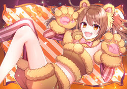  1boy akariko animal_ears animal_hands bare_shoulders blush brown_hair brown_shorts cat_paws commentary_request crossdressing fangs green_eyes idolmaster idolmaster_side-m lion_ears long_hair looking_at_viewer male_focus mizushima_saki navel open_mouth orange_eyes otoko_no_ko pantyhose pink_ribbon ribbon short_shorts shorts single_leg_pantyhose smile solo striped_clothes striped_pantyhose stuffed_animal stuffed_toy twintails vertical-striped_clothes vertical-striped_pantyhose 