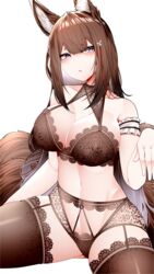  absurdres amagi_(azur_lane) animal_ear_fluff animal_ears azur_lane bra breasts brown_bra brown_garter_belt brown_hair brown_panties brown_tail brown_thighhighs cleavage female garter_belt highres kitsune lace-trimmed_bra lace-trimmed_legwear lace-trimmed_panties lace_garter_belt lace_trim large_breasts long_hair multiple_tails panties purple_eyes samip simple_background sitting solo tail thighhighs underwear white_background 