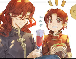  2boys alcohol arvis_(fire_emblem) azelle_(fire_emblem) blush bomssp brothers closed_eyes cup drinking_glass fire_emblem fire_emblem:_genealogy_of_the_holy_war food holding long_hair male_focus multiple_boys red_eyes red_hair siblings simple_background smile white_background wine wine_glass 