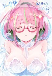  ahoge alternate_costume bare_shoulders bob_cut breasts bridal_gauntlets bridal_veil closed_eyes commentary_request commission dress female glasses green_hair highres incoming_kiss kantai_collection large_breasts multicolored_hair parted_lips pink-framed_eyewear ponytail round_eyewear semi-rimless_eyewear short_hair skeb_commission streaked_hair tobari_(seaetana) translation_request ume_(kancolle) under-rim_eyewear veil wedding_dress 