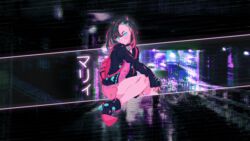  1980s_(style) aruigus808 bag black_hair black_jacket blue_eyes choker dress earrings female highres jacket jewelry looking_at_viewer marnie_(pokemon) multicolored_hair najuco_(naju0517) neon_lights open_clothes open_jacket pink_dress pink_hair pink_ribbon pokemon pokemon_swsh retro_artstyle ribbon school_bag solo third-party_edit translation_request 