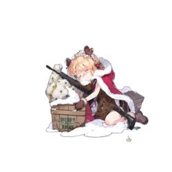  aged_down assault_rifle bell blonde_hair blush boots box braid brown_gloves christmas cloak closed_eyes closed_mouth female full_body fur_trim g36_(every_child&#039;s_x&#039;mas_dream)_(girls&#039;_frontline) g36_(girls&#039;_frontline) girls&#039;_frontline glasses gloves gun hair_bell hair_between_eyes hair_ornament holding holding_gun holding_weapon hood hood_down imoko_(imonatsuki) medium_hair merry_christmas official_alternate_costume official_art rifle sitting sleeping sleeveless smile snow solo transparent_background weapon 