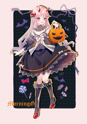  :d absurdres black_bow black_dress blush bow breasts candy cleavage commentary_request demon_horns detached_sleeves dress female food frilled_socks frills full_body hairbow halloween highres holding horns jack-o&#039;-lantern kneehighs lolita_fashion long_hair looking_at_viewer neck_ribbon oerba_yun_fang open_mouth original outline petticoat photoshop_(medium) pink_eyes pink_hair pointy_ears red_bow red_footwear ribbon shoes small_breasts smile socks solo standing striped striped_ribbon white_bow yellow_outline yuzhi 