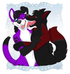  anthro canid canine canis domestic_dog duo elkhound face_lick footprint fur kissing kwik_(artist) licking love male male/male mammal markings pawalo pawprint pawprint_(marking) purple_body purple_fur sarou spitz tongue tongue_out wolf 