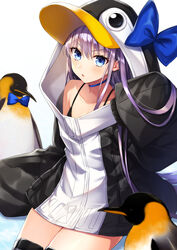  akariko animal_hood bare_shoulders bird black_thighhighs blue_bow blue_choker blue_eyes blush bow breasts choker collarbone commentary_request fate/grand_order fate_(series) female hair_between_eyes highres hood large_bow long_hair long_sleeves looking_at_viewer meltryllis_(fate) meltryllis_(swimsuit_lancer)_(fate) meltryllis_(swimsuit_lancer)_(first_ascension)_(fate) penguin purple_hair ribbon simple_background sleeves_past_fingers sleeves_past_wrists small_breasts solo swimsuit thighhighs very_long_hair white_background 