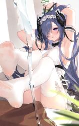  arm_behind_head arm_garter armpits arms_up august_von_parseval_(azur_lane) august_von_parseval_(the_conquered_unhulde)_(azur_lane) azur_lane bare_shoulders black_bow black_bowtie bow bowtie breasts commentary curled_horns feet feet_up female frilled_garter frilled_hairband frills garter_straps hair_over_one_eye hairband hand_in_own_hair highres horns lace-trimmed_legwear lace_trim long_hair looking_at_viewer maid maid_headdress mechanical_horns medium_breasts no_shoes official_alternate_costume one_eye_covered parted_lips plant presenting_foot purple_eyes purple_hair sideboob sitting sleeveless smile soles solo thighhighs thighs toe_seam toes water wet wet_clothes white_bow white_garter_straps white_hairband white_thighhighs yeije 