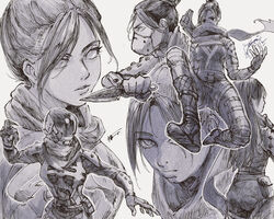  alternate_hairstyle apex_legends arc_star ass bodysuit breasts female grey_background greyscale hair_behind_ear hair_bun highres holding holding_knife holding_shuriken holding_weapon hope&#039;s_dusk_(apex_legends) knife kunai leaning_forward long_hair medium_breasts monochrome multiple_views neko_juu nose_piercing parted_lips piercing quarantine_722_wraith scarf shuriken single_hair_bun voidwalker_wraith weapon weapon_on_back wraith_(apex_legends) 