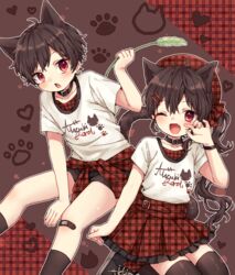  1boy animal_ears bandaid blush bracelet brown_hair cat_boy cat_ears cat_girl cat_tail checkered_clothes choker commentary female highres jewelry long_hair matching_outfits oerba_yun_fang one_eye_closed original red_eyes rii_(pixiv11152329) shirt short_shorts shorts siblings side_ponytail skirt tail thighhighs thighs twins white_shirt 