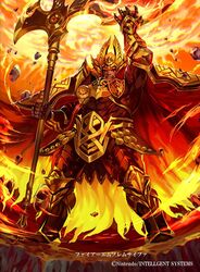  1boy arm_up armor axe beard cherokee_(1021tonii) company_name crown facial_hair fire fire_emblem fire_emblem_cipher fire_emblem_heroes holding holding_axe holding_weapon male_focus open_mouth red_eyes red_hair sinmara_(fire_emblem) solo surtr_(fire_emblem) weapon 