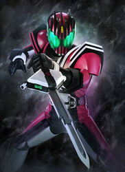  1boy armor barcode black_background compound_eyes cowboy_shot decadriver driver_(kamen_rider) glowing glowing_eyes green_eyes highres holding holding_weapon kamen_rider kamen_rider_dcd kamen_rider_decade male_focus masukudo_(hamamoto_hikaru) pink_armor pose ride_booker rider_belt space starry_background sword tokusatsu weapon 