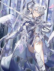  absurdres armor asymmetrical_dual_wielding breastplate cleavage_cutout clothing_cutout demon_girl demon_horns dual_wielding duel_monster feet_out_of_frame female gauntlets greaves grey_eyes grey_hair hair_between_eyes highres holding holding_sword holding_weapon horns lady_labrynth_of_the_silver_castle lovely_labrynth_of_the_silver_castle multiple_weapons pointy_ears sideless_outfit solo sword tallyho221 thighhighs twintails twitter_username weapon yu-gi-oh! 