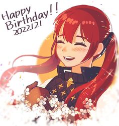  2022 blush closed_eyes female fire_emblem fire_emblem_fates flower happy_birthday highres juutilainen long_hair red_hair selena_(fire_emblem_fates) smile twintails 