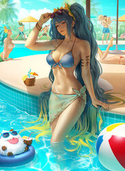  3boys 5girls ball beachball bikini blonde_hair blue_eyes blue_hair breasts caitlyn_(league_of_legends) carrying_over_shoulder coconut collarbone day drinking_straw earrings eyewear_on_head fruit_cup garen_(league_of_legends) gradient_hair halterneck highres jewelry large_breasts league_of_legends long_hair lux_(league_of_legends) medium_breasts mermaid monster_girl multicolored_hair multiple_boys multiple_girls musical_note nami_(league_of_legends) navel outdoors photoshop_(medium) pool pool_noodle pool_party_(league_of_legends) pool_party_caitlyn poro_(league_of_legends) shell shell_bikini sona_(league_of_legends) string_bikini sunglasses swimsuit twintails very_long_hair yasuo_(league_of_legends) yone_(league_of_legends) zarory 