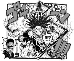  ! !! !? 2boys bandana black_hair bulging_eyes failure gear_fourth:_snakeman highres monkey_d._luffy monochrome multiple_boys nishiponi oda_eiichirou_(style) official_style one_piece parody punching roronoa_zoro scar scar_on_chest screaming sharp_teeth speech_bubble spiked_hair teeth topless_male traditional_media 